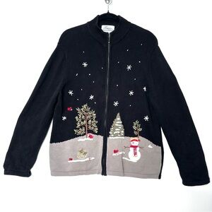 Kitschy Cottagecore Winter Snowman Sweater Embroidered Beaded Grannycore Boho